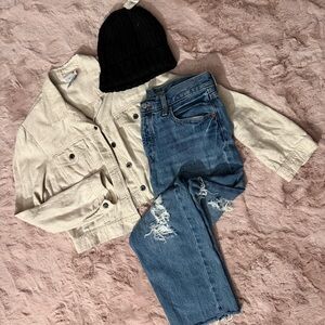 Cream Jacket and Blue Distressed Jeans with Black Beanie Bundle!